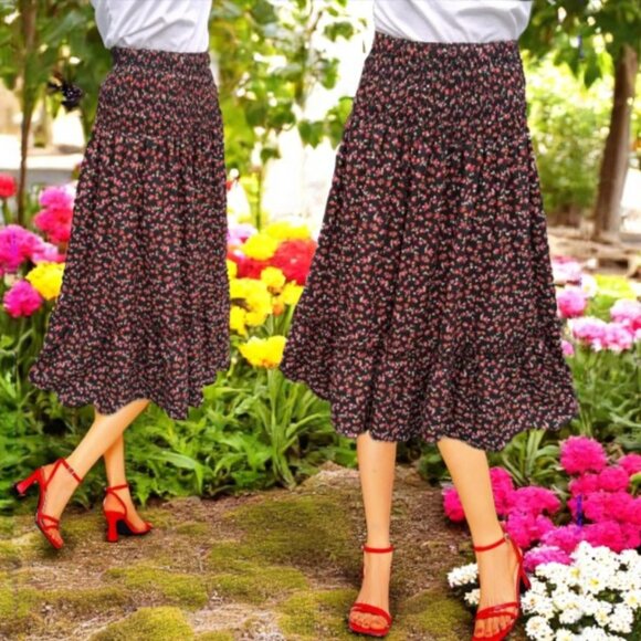 CHRISTINA ROHDE Flowy Disty Floral Print Smocked Waistline A-Line Midi Skirt Sz - Picture 4 of 5